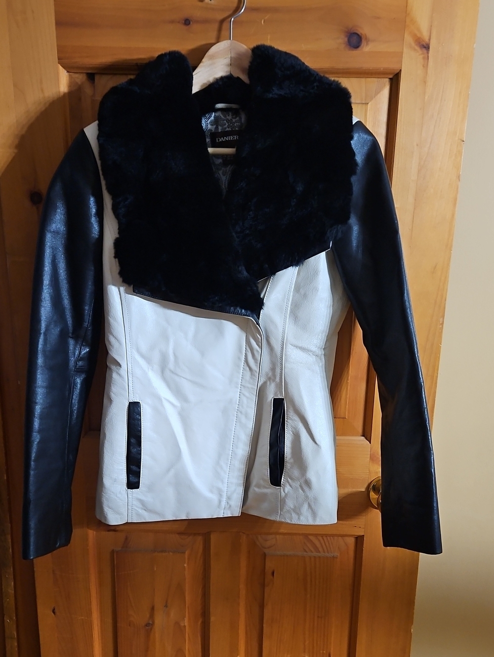 Danier Black & White Leather Jacket with Plush Rabbit Fur Collar